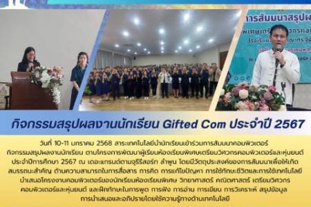 การสัมมนานักเรียนโครงการ ห้องเรียนพิเศษเตรียมวิศวกร คอมพิวเตอร์ และหุ่นยนต์  10-11 มกราคม 2568 กลุ่มสาระเทคโนโลยีนำนักเรียนเข้าร่วมการสัมมนาคอมพิวเตอร์ กิจกรรมสรุปผลงานนักเรียน ตามโครงการพัฒนาผู้เรียนห้องเรียนพิเศษเตรียมวิศวกรคอมพิวเตอร์และหุ่นยนต์ 